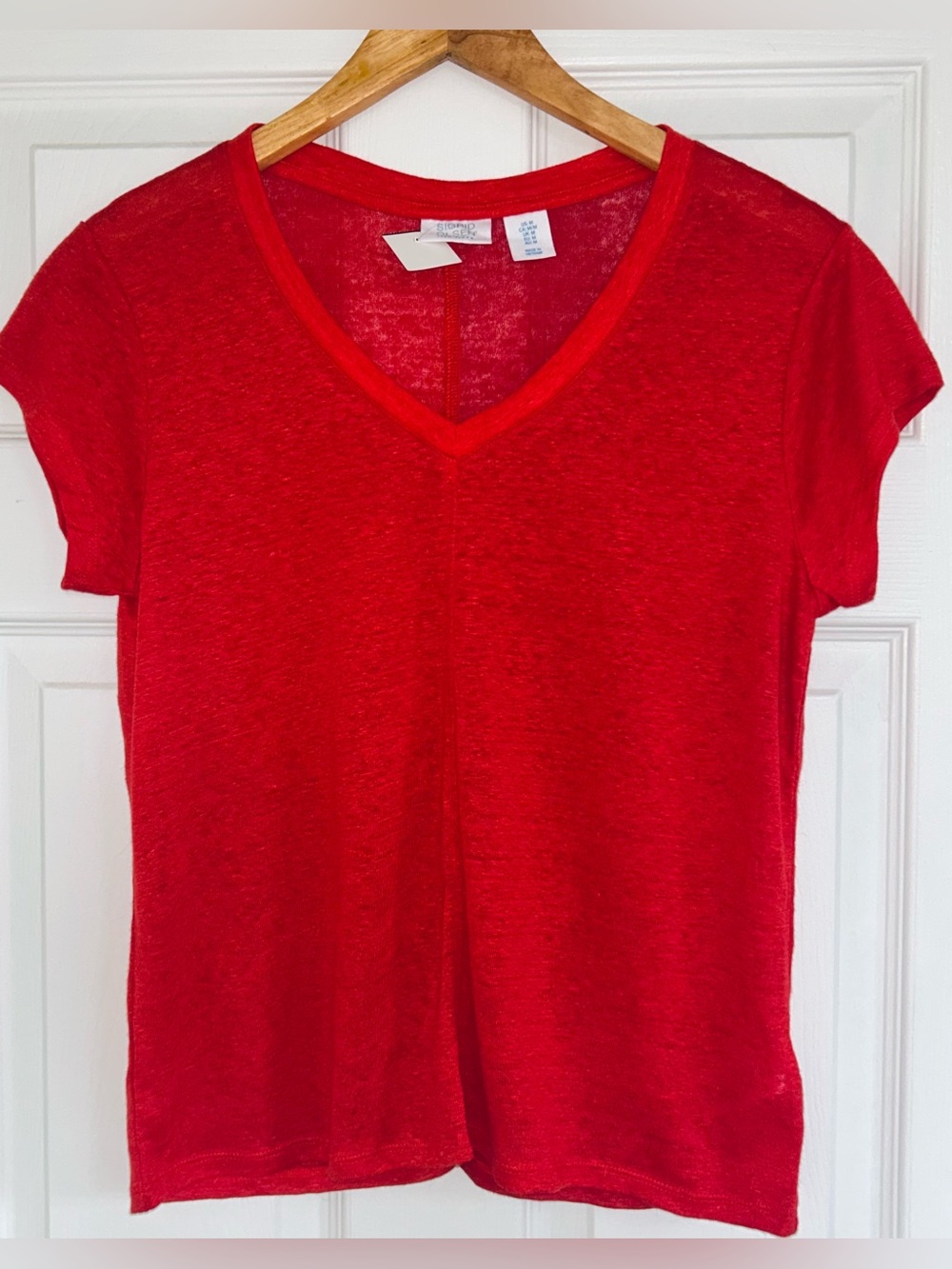 Sigrid Olsen LINEN sz M Red V-Neck Short Sleeve Tee Loose Fit